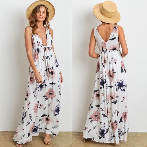 Floral Plunge Tie Front Maxi Dress | White - Picture 4 of 8